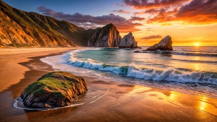 A breathtaking depiction of a serene coastal scene at sunset. Horizontal