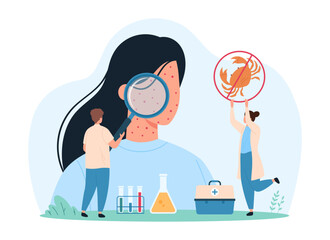 Awareness of seafood allergy and symptoms. Tiny people examine patients skin rash through magnifying glass, doctor holding up no mollusk and shrimp sign on food menu cartoon vector illustration