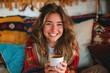© Bijac - joyful young woman savoring a cup of coffee at home laughing on a cozy autumn day lifestyle portrait