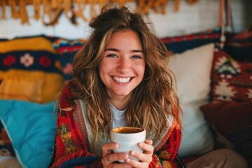 joyful young woman savoring a cup of coffee at home laughing on a cozy autumn day lifestyle portrait