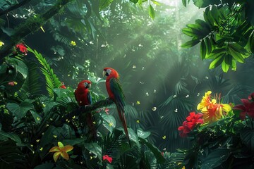 Wall Mural - lush tropical bali forest with colorful birds and flowers ideal for posters