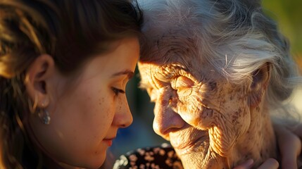 Old lady inclining forehead to younger woman. 