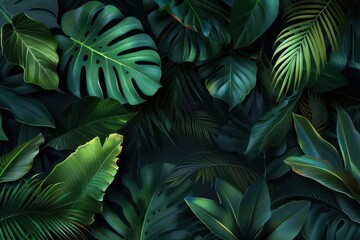 Wall Mural - lush tropical leaves on dark background vivid green foliage jungle plants digital illustration