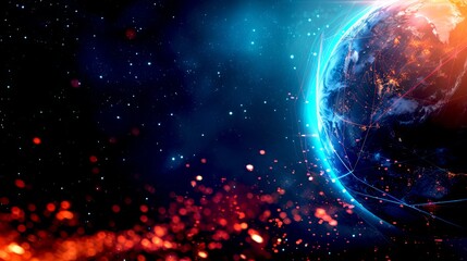 Wall Mural - AI-generated image of Earth in space with glowing blue and red lights. High-quality digital art, perfect for sci-fi themes and futuristic projects. Abstract background design conveys cosmic beauty. AI