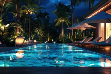 Wall Mural - luxurious tropical resort pool at night illuminated swimming area