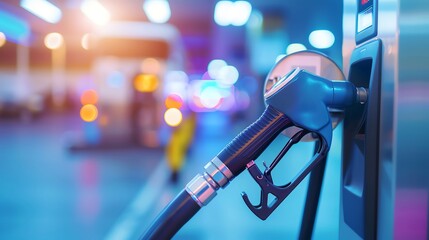 Close-up of a fuel pump nozzle at a gas station with a blurred background of bright lights and vehicles, depicting urban energy and transportation.