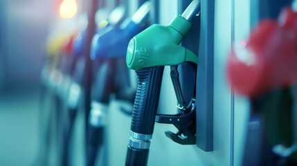 Close-up of colorful fuel pumps at a gas station, focusing on the green nozzle. Concept of energy, fuel, and transportation.