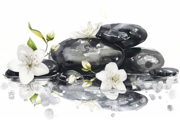 Wall Mural - Black And White Watercolor Flowers. Zen Spa Concept with Smooth Stones and Jasmine