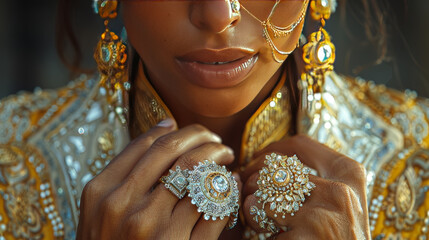 Wall Mural - Close-Up of Beautiful Woman's Face with Gold Earring and Floral Background