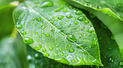 Wall Mural - a close-up of water droplets on green leaves.