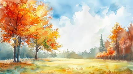 tranquil autumn landscape with vibrant trees and serene sky watercolor painting