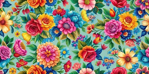 Poster - Colorful floral pattern perfect for textiles, gift wrapping, and wallpaper, seamless, beautiful, flowers, vibrant