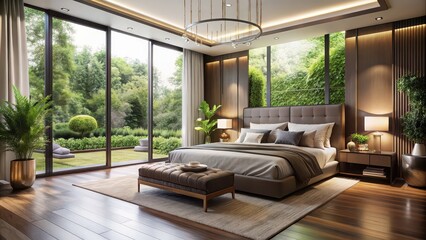 Sticker - Modern luxury bedroom with garden view, featuring elegant decor, large windows, and a serene ambiance, luxury