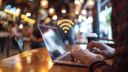 Aufkleber - A person using a laptop in a coffee shop, connected to the internet via public Wi-Fi, illustrating the flexibility of wireless communication.
