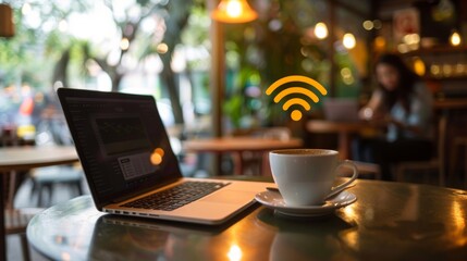 Aufkleber - A person using a laptop in a coffee shop, connected to the internet via public Wi-Fi, illustrating the flexibility of wireless communication.