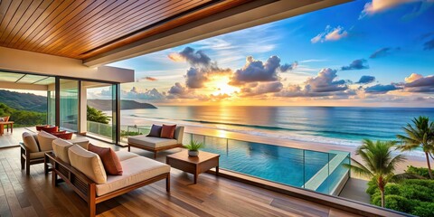 Poster - Beach luxury villa hotel overlooking the ocean with a breathtaking view of the sky , beach, luxury, villa, hotel, ocean