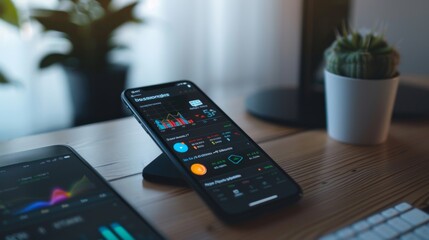 Fototapete - A smartphone screen displaying a financial app with interactive graphs, showcasing the accessibility of data analysis tools.