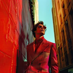 Poster - a man in a red suit standing next to a building