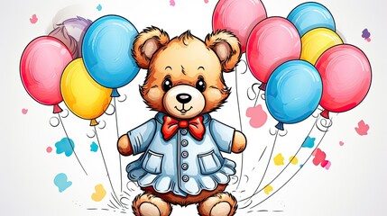 Sticker - A teddy bear in an adorable dress holding balloons