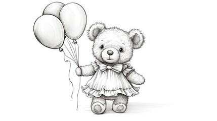 Canvas Print - A teddy bear in an adorable dress holding balloons