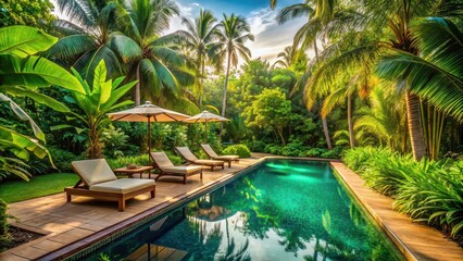 Poster - Tropical paradise retreat with lush greenery, tranquil ambiance, and cozy lounge chairs by a pool , Tranquility