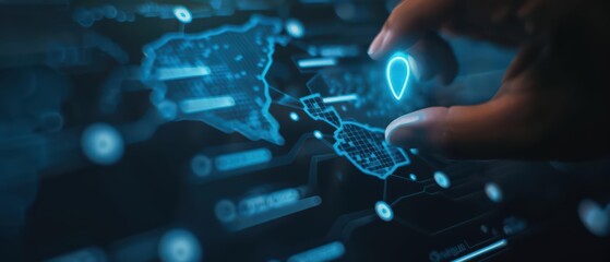 Wall Mural - A modern cyber interface highlighting a neonlit point on an interactive map with copy space