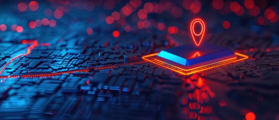 Wall Mural - A modern cyber interface highlighting a neonlit point on an interactive map with copy space
