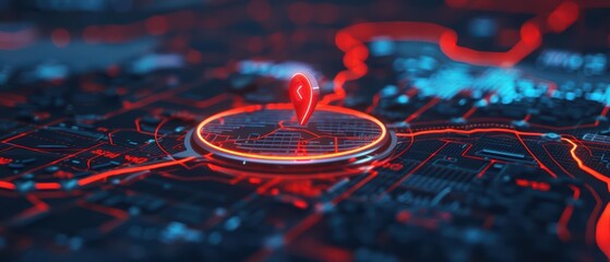 A modern cyber interface highlighting a neonlit point on an interactive map with copy space