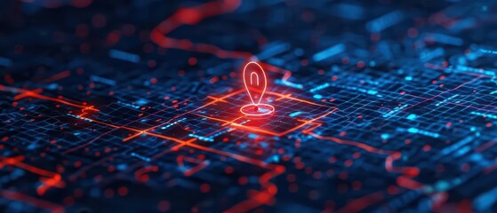 Wall Mural - A modern cyber interface highlighting a neonlit point on an interactive map with copy space