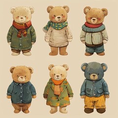 Wall Mural - a set of four teddy bears wearing winter clothes