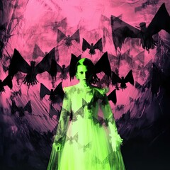 Poster - a woman in a green dress surrounded by bats