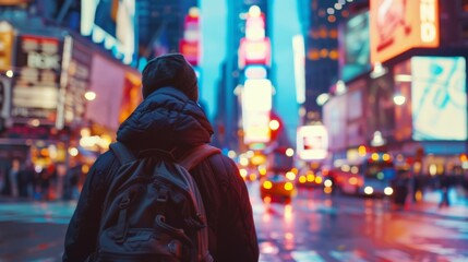 Canvas Print - A traveler at a bustling city intersection, capturing the vibrant energy and diverse culture of an urban environment.