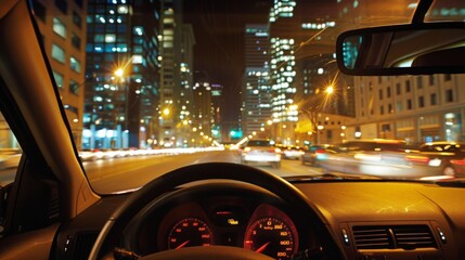 Poster - A view from inside a car driving through a city, focusing on the dashboard and windshield, showing the perspective.