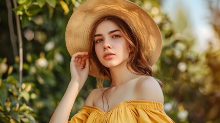 Wall Mural - Beautiful young woman in stylish yellow dress and straw hat outdoors. 