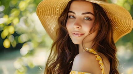 Wall Mural - Beautiful young woman in stylish yellow dress and straw hat outdoors. 