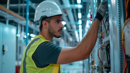 Poster - An electrical engineer installing and testing wiring systems in a new building, focusing on safety and functionality.