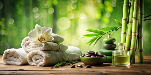 Sticker - Wellness spa interior with green oil, bamboo, towel, orchids, and hot stones, wellness, decoration, green oil, bamboo