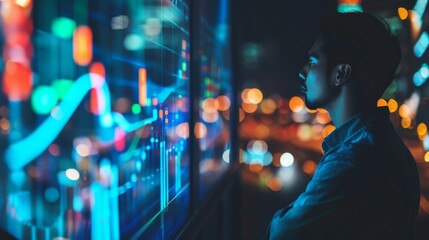 Aufkleber - An executive looking at a line graph of company revenue growth on a digital screen, showcasing financial success.