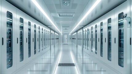 Leinwandbilder - White interior of a datacenter, High-tech data center with rows of server cabinets and white walls, creating an atmosphere of technology innovation. Generative AI.
