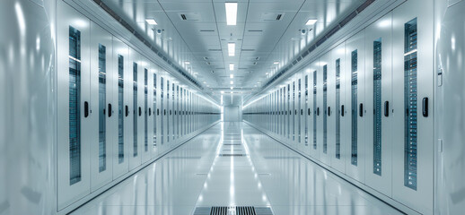 Leinwandbilder - White interior of a datacenter, High-tech data center with rows of server cabinets and white walls, creating an atmosphere of technology innovation. Generative AI.
