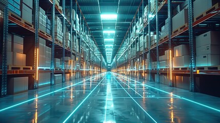 Leinwandbilder - Modern technology enabled distribution center full of carton boxes. and there are some illuminated data pipelines on the floor to visualize the digitalization of the logistics industry. Generative AI.