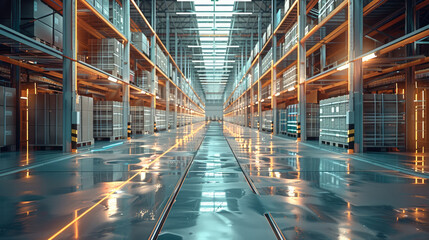 Leinwandbilder - Modern technology enabled distribution center full of carton boxes. and there are some illuminated data pipelines on the floor to visualize the digitalization of the logistics industry. Generative AI.