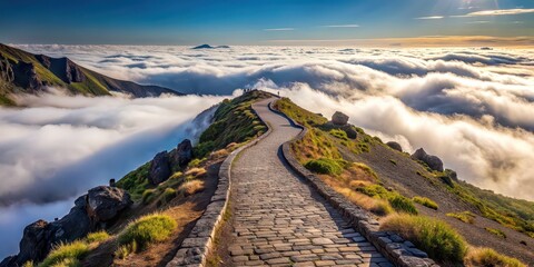 Sticker - Paved footpath winding through mountain ridge above clouds level, mountain, ridge, clouds, path, paved, footpath, hiking