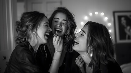 Two happy girls applying make up at home. 