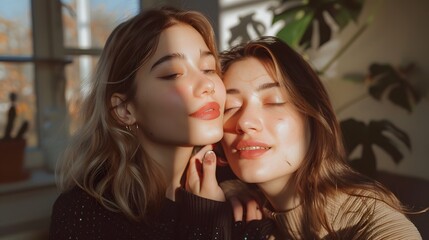 Two happy girls applying make up at home. 