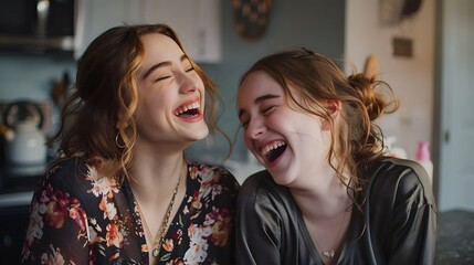 Two happy girls applying make up at home. 