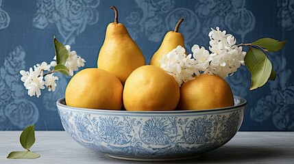 Poster - yellow pears in an elegant blue and white patterned bowl