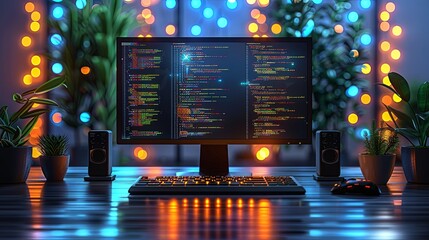 illustration vector, Software development coding process concept. Programming, testing cross platform code, app on laptop, tablet, phone. Create, editing script desktop and mobile devices. Technology 