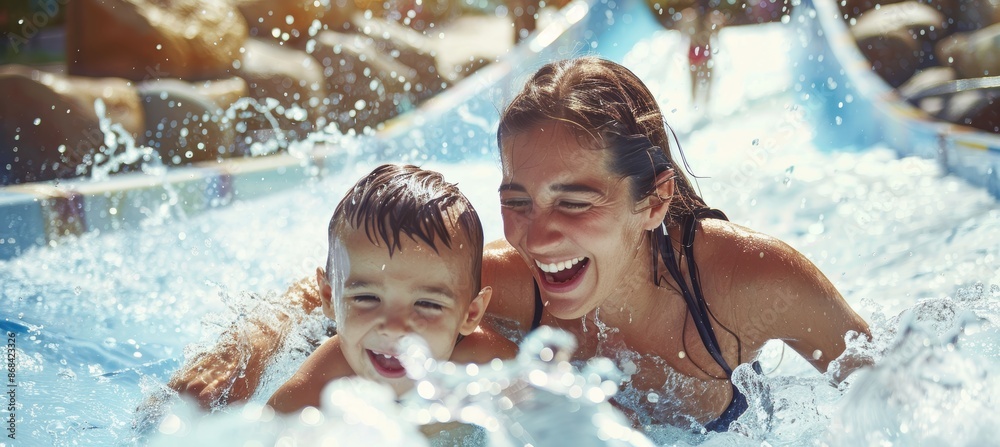Mother and Son Enjoying a Fun Day at a Water Park, Splashing Down a ...