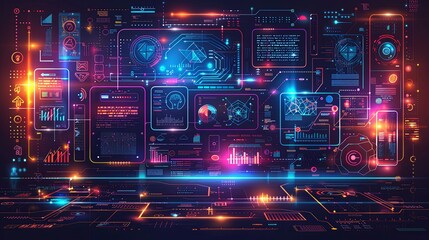illustration vector, Software development coding process concept. Programming, testing cross platform code, app on laptop, tablet, phone. Create, editing script desktop and mobile devices. Technology 